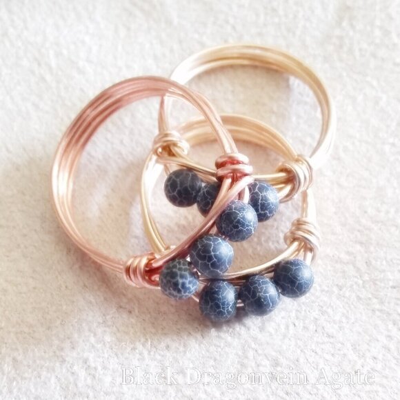 Black Dragonvein Agate Beaded Handmade Rings. Slim, Sexy, Edgy! Copper or Brass - Picture 4 of 9